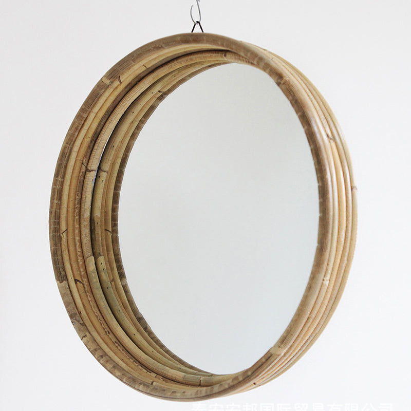 Contemporary Scandinavian Handwoven Indonesian Rattan Round Wall Mirror - Natural Woven Decorative Mirror For Living Room, Bedroom & Entryway
