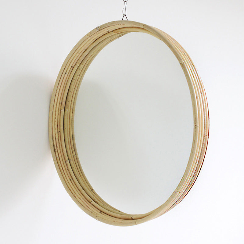 Contemporary Scandinavian Handwoven Indonesian Rattan Round Wall Mirror - Natural Woven Decorative Mirror For Living Room, Bedroom & Entryway
