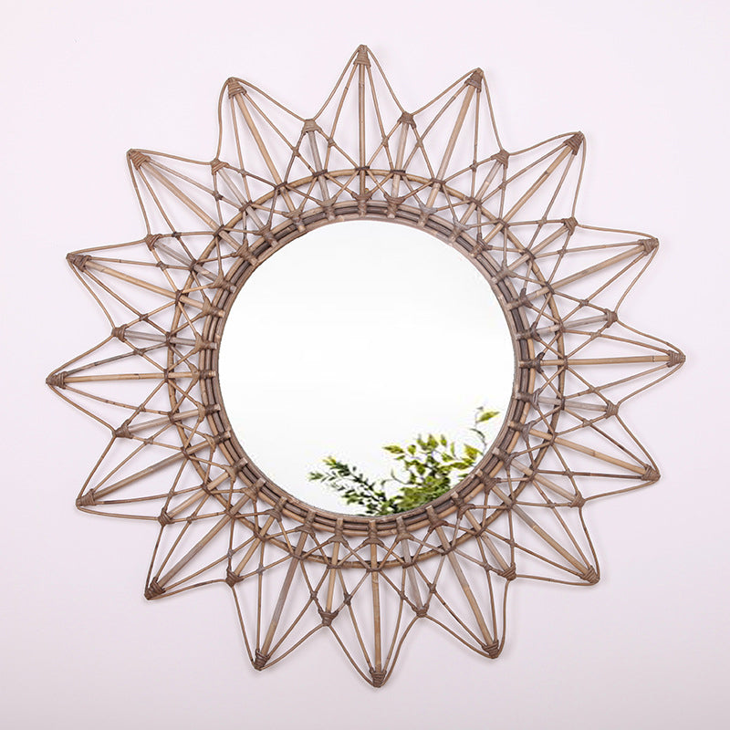 Contemporary Boho Sunburst Handwoven Indonesian Rattan Wall Mirror - Nordic Natural Decorative Round Mirror For Living Room, Bedroom & Entryway