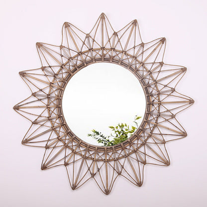 Contemporary Boho Sunburst Handwoven Indonesian Rattan Wall Mirror - Nordic Natural Decorative Round Mirror For Living Room, Bedroom & Entryway