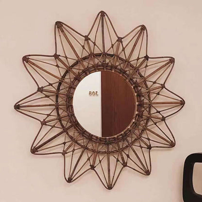Contemporary Boho Sunburst Handwoven Indonesian Rattan Wall Mirror - Nordic Natural Decorative Round Mirror For Living Room, Bedroom & Entryway