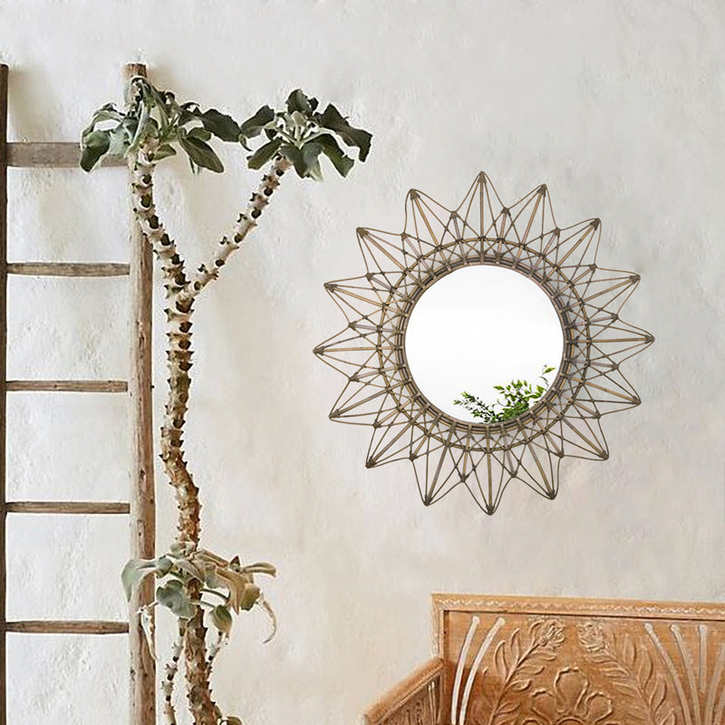 Contemporary Boho Sunburst Handwoven Indonesian Rattan Wall Mirror - Nordic Natural Decorative Round Mirror For Living Room, Bedroom & Entryway