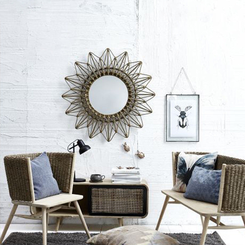 Contemporary Boho Sunburst Handwoven Indonesian Rattan Wall Mirror - Nordic Natural Decorative Round Mirror For Living Room, Bedroom & Entryway