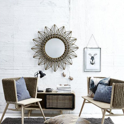 Contemporary Boho Sunburst Handwoven Indonesian Rattan Wall Mirror - Nordic Natural Decorative Round Mirror For Living Room, Bedroom & Entryway