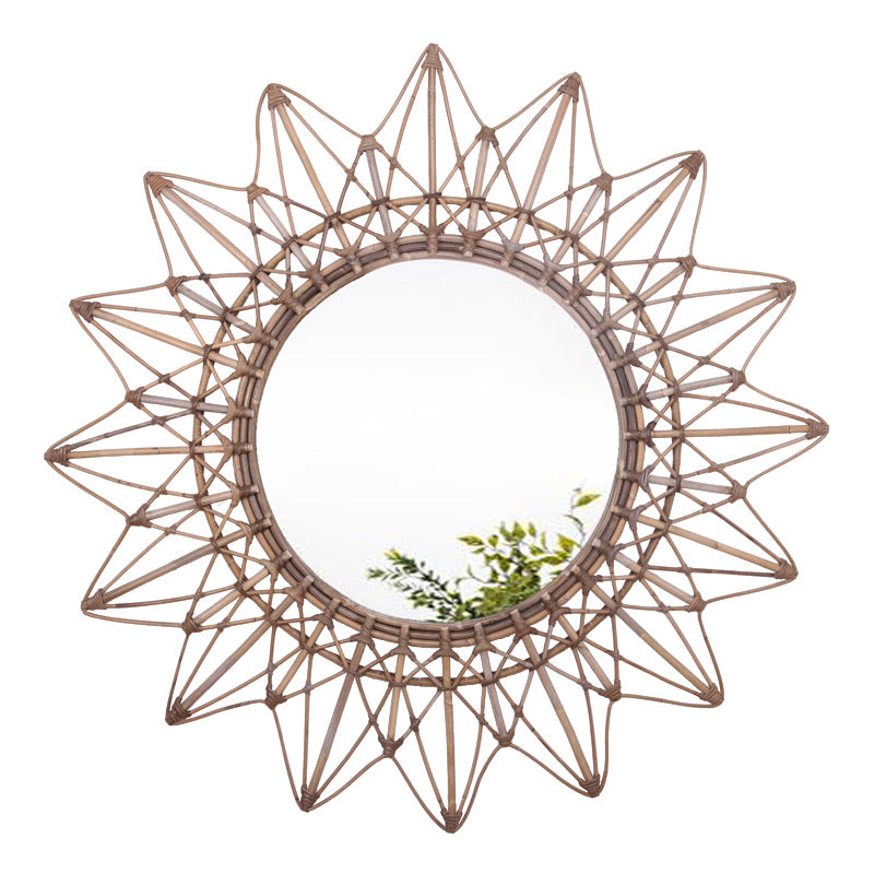Contemporary Boho Sunburst Handwoven Indonesian Rattan Wall Mirror - Nordic Natural Decorative Round Mirror For Living Room, Bedroom & Entryway