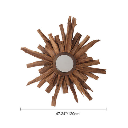 Contemporary Teak Wood Sunburst Wall Mirror - Creative Natural Teak Decorative Mirror For Living Room