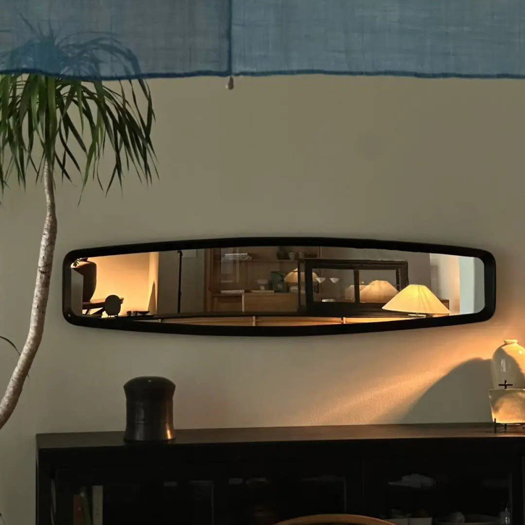 Contemporary Retro MDF & Glass Rounded-Corner Long Wall Mirror For Living Room