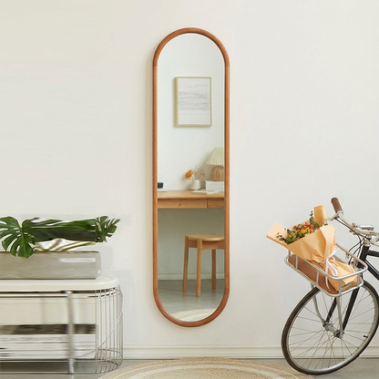 Contemporary Nordic Walnut Cherry Wood & Plywood Glass Oval Wall Mirror With Floor-Standing & Wall-Mounted Design For Entryway, Living Room, Bedroom