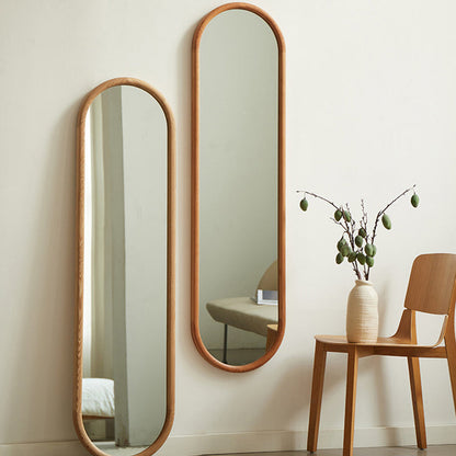Contemporary Nordic Walnut Cherry Wood & Plywood Glass Oval Wall Mirror With Floor-Standing & Wall-Mounted Design For Entryway, Living Room, Bedroom