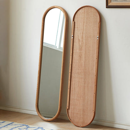 Contemporary Nordic Walnut Cherry Wood & Plywood Glass Oval Wall Mirror With Floor-Standing & Wall-Mounted Design For Entryway, Living Room, Bedroom