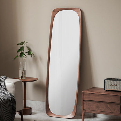 Contemporary Nordic Rectangular Rounded Walnut Solid Wood & Plywood Glass Full-Length Floor Mirror Freestanding & Wall-Mounted For Bedroom Living Room