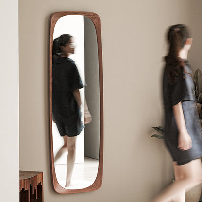 Contemporary Nordic Rectangular Rounded Walnut Solid Wood & Plywood Glass Full-Length Floor Mirror Freestanding & Wall-Mounted For Bedroom Living Room