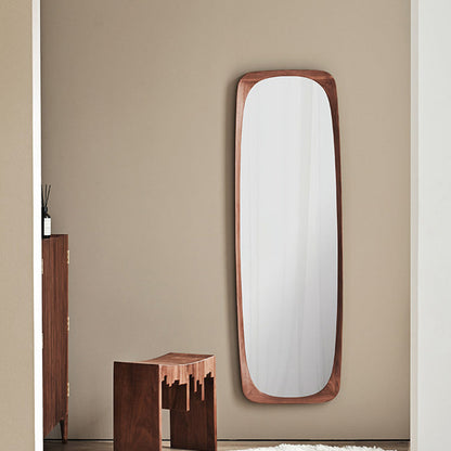 Contemporary Nordic Rectangular Rounded Walnut Solid Wood & Plywood Glass Full-Length Floor Mirror Freestanding & Wall-Mounted For Bedroom Living Room