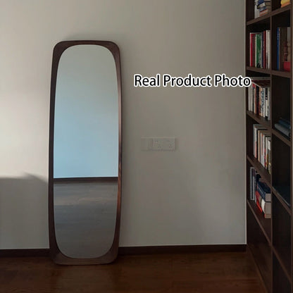 Contemporary Nordic Rectangular Rounded Walnut Solid Wood & Plywood Glass Full-Length Floor Mirror Freestanding & Wall-Mounted For Bedroom Living Room