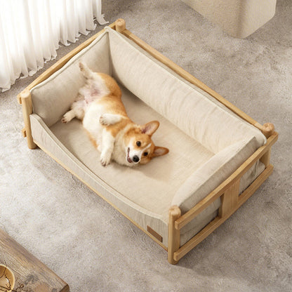 Modern Minimalist Birch Plywood Rectangular Pet Dog Bed With Removable Washable Linen Cover For Living Room