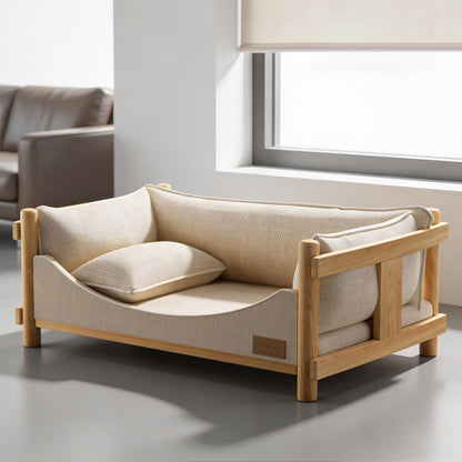Modern Minimalist Birch Plywood Rectangular Pet Dog Bed With Removable Washable Linen Cover For Living Room