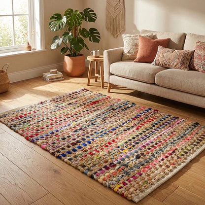 Contemporary Creative Jute Cotton Rectangular Handwoven Area Rug Reversible Durable For Living Room Bedroom Home Office