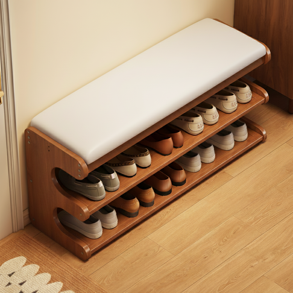 Modern Minimalist Bamboo PU Leather Rectangular Shoe Bench With 2-Tier Storage For Entryway
