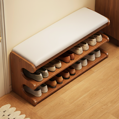 Modern Minimalist Bamboo PU Leather Rectangular Shoe Bench With 2-Tier Storage For Entryway
