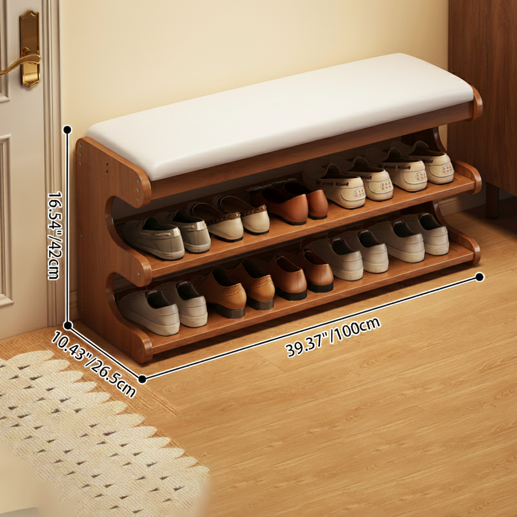 Modern Minimalist Bamboo PU Leather Rectangular Shoe Bench With 2-Tier Storage For Entryway