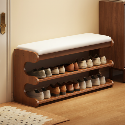 Modern Minimalist Bamboo PU Leather Rectangular Shoe Bench With 2-Tier Storage For Entryway