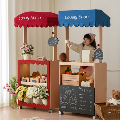 Contemporary Retro Solid Beech Wood & Plywood Canvas Ceramics Montessori Toy Storage Shelf - Convertible Double-Sided Kids Bookshelf & Play Market Organizer With Wheels