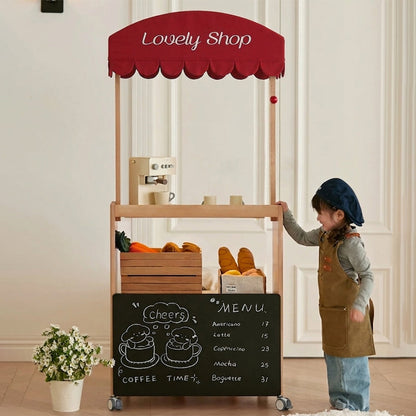 Contemporary Retro Solid Beech Wood & Plywood Canvas Ceramics Montessori Toy Storage Shelf - Convertible Double-Sided Kids Bookshelf & Play Market Organizer With Wheels