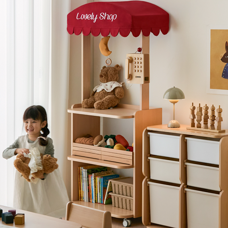 Contemporary Retro Solid Beech Wood & Plywood Canvas Ceramics Montessori Toy Storage Shelf - Convertible Double-Sided Kids Bookshelf & Play Market Organizer With Wheels