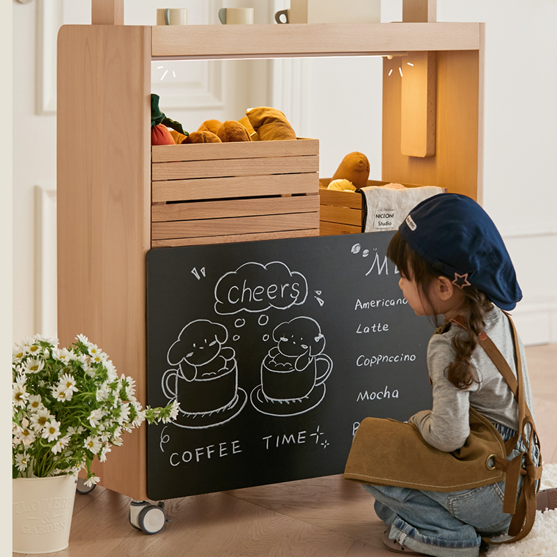 Contemporary Retro Solid Beech Wood & Plywood Canvas Ceramics Montessori Toy Storage Shelf - Convertible Double-Sided Kids Bookshelf & Play Market Organizer With Wheels