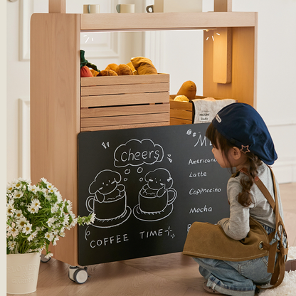 Contemporary Retro Solid Beech Wood & Plywood Canvas Ceramics Montessori Toy Storage Shelf - Convertible Double-Sided Kids Bookshelf & Play Market Organizer With Wheels