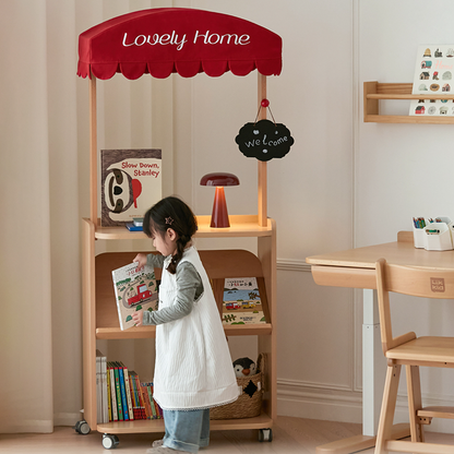 Contemporary Retro Solid Beech Wood & Plywood Canvas Ceramics Montessori Toy Storage Shelf - Convertible Double-Sided Kids Bookshelf & Play Market Organizer With Wheels