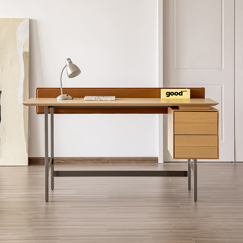 Modern Minimalist White Oak Veneer Solid Wood Plywood Desk With 2 Drawers For Home Office