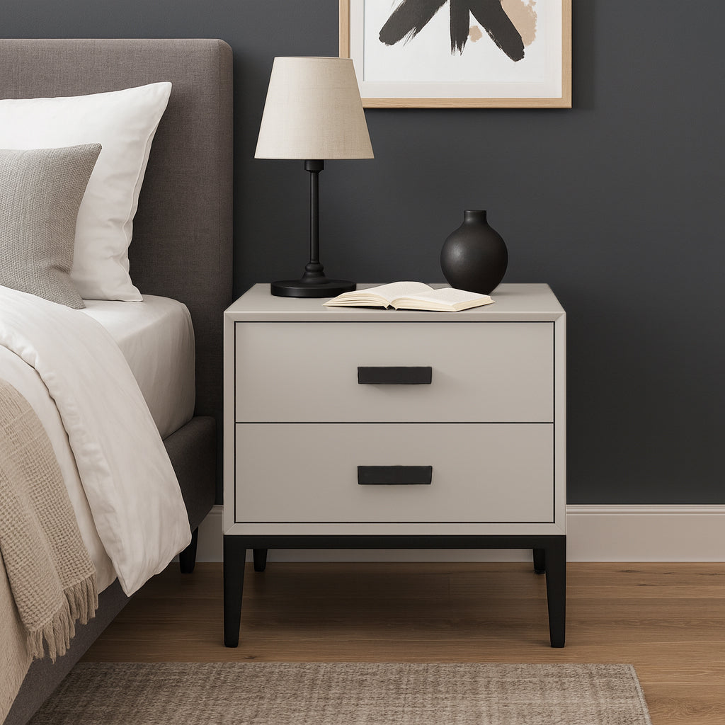 Modern Minimalist E1 MDF Iron Rectangular Nightstand With 2 Drawers Storage - Compact Bedside Table For Bedroom