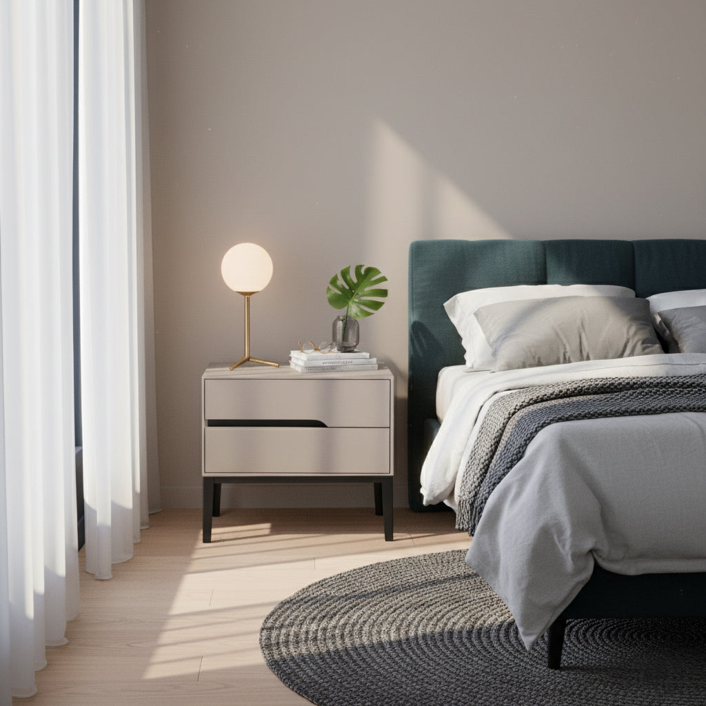 Modern Rectangular MDF Iron Nightstand With 2 Drawers & Open Storage - Space-Saving Bedside Table For Bedroom