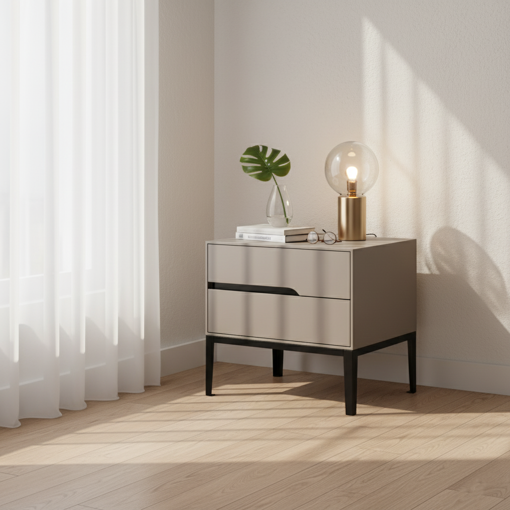 Modern Rectangular MDF Iron Nightstand With 2 Drawers & Open Storage - Space-Saving Bedside Table For Bedroom