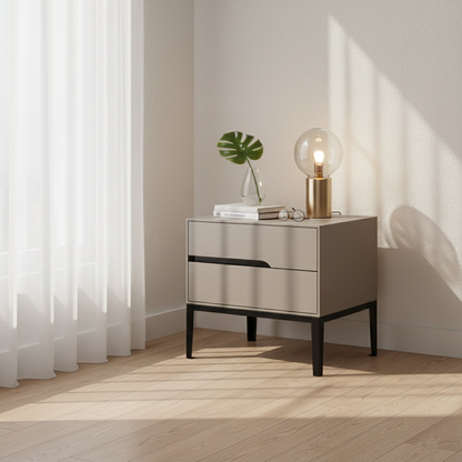Modern Rectangular MDF Iron Nightstand With 2 Drawers & Open Storage - Space-Saving Bedside Table For Bedroom