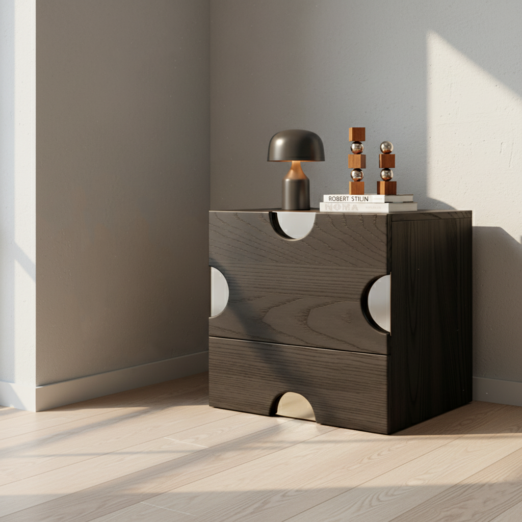 Modern Minimalist Dot-Design Square Multi-Layer Wood Nightstand 2-Drawer Storage For Bedroom