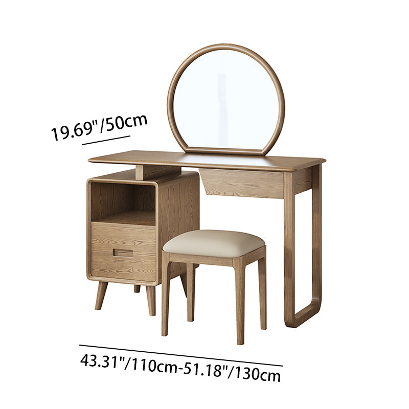Solid Wood Dressing Table With Round Mirror Minimalist Ash & Rubberwood Makeup Vanity With Storage for Bedroom