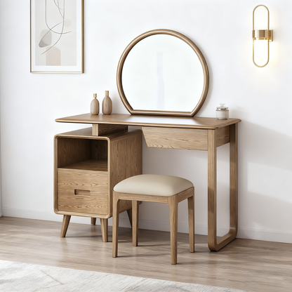 Solid Wood Dressing Table With Round Mirror Minimalist Ash & Rubberwood Makeup Vanity With Storage for Bedroom