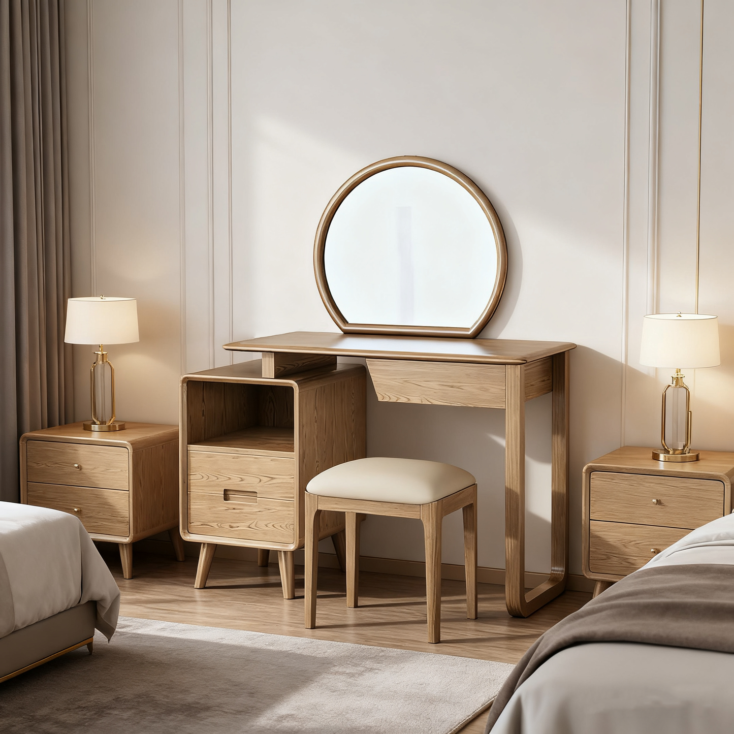Solid Wood Dressing Table With Round Mirror Minimalist Ash & Rubberwood Makeup Vanity With Storage for Bedroom