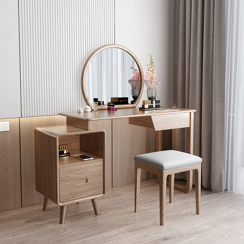 Solid Wood Dressing Table With Round Mirror Minimalist Ash & Rubberwood Makeup Vanity With Storage for Bedroom
