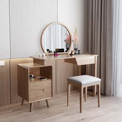 Solid Wood Dressing Table With Round Mirror Minimalist Ash & Rubberwood Makeup Vanity With Storage for Bedroom