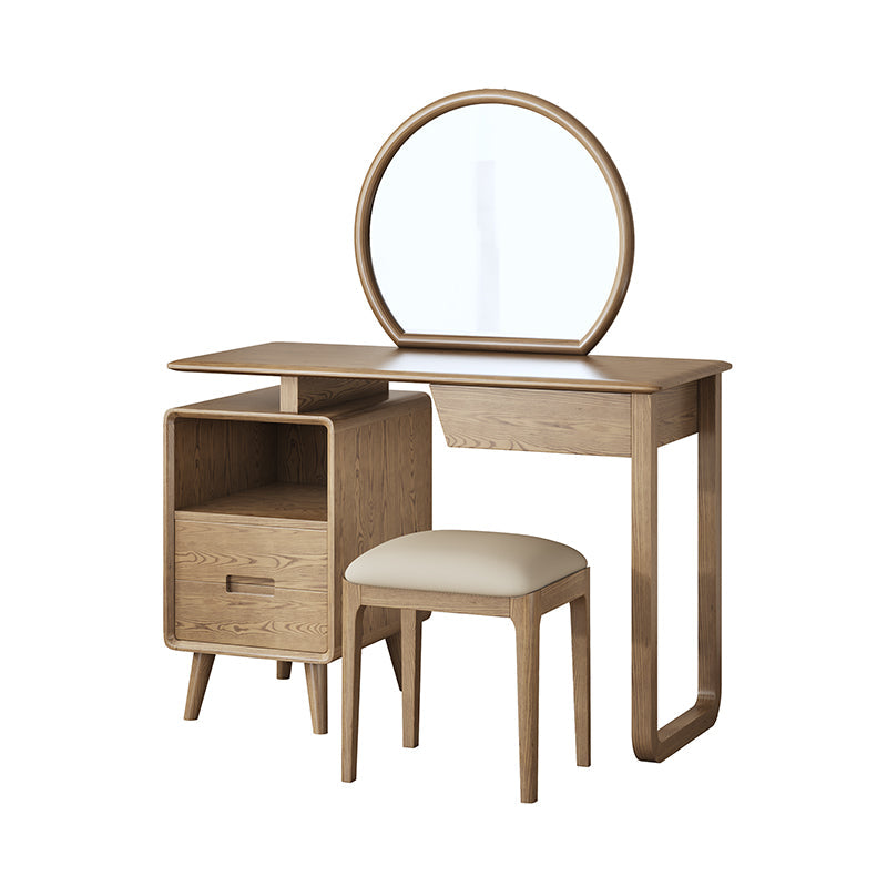 Solid Wood Dressing Table With Round Mirror Minimalist Ash & Rubberwood Makeup Vanity With Storage for Bedroom