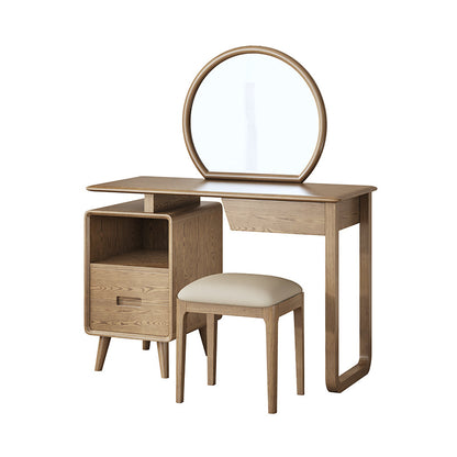 Solid Wood Dressing Table With Round Mirror Minimalist Ash & Rubberwood Makeup Vanity With Storage for Bedroom