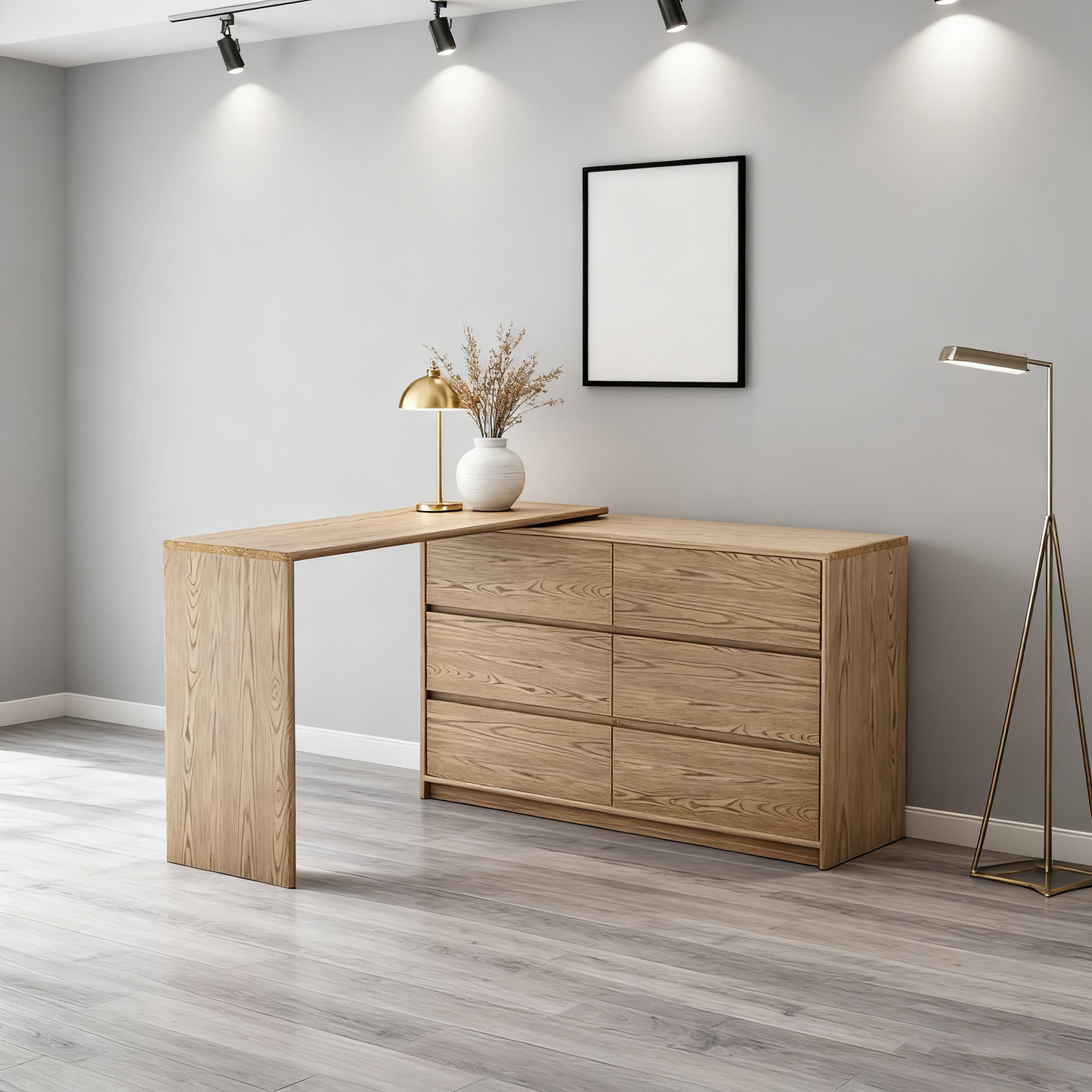 Modern Minimalist Solid Ash Wood Modular Desk With 6-Drawer Storage Cabinet For Home Office & Bedroom