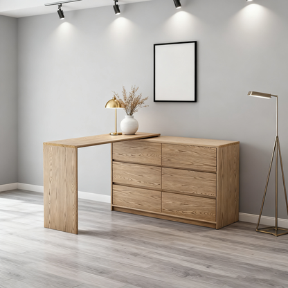Modern Minimalist Solid Ash Wood Modular Desk With 6-Drawer Storage Cabinet For Home Office & Bedroom