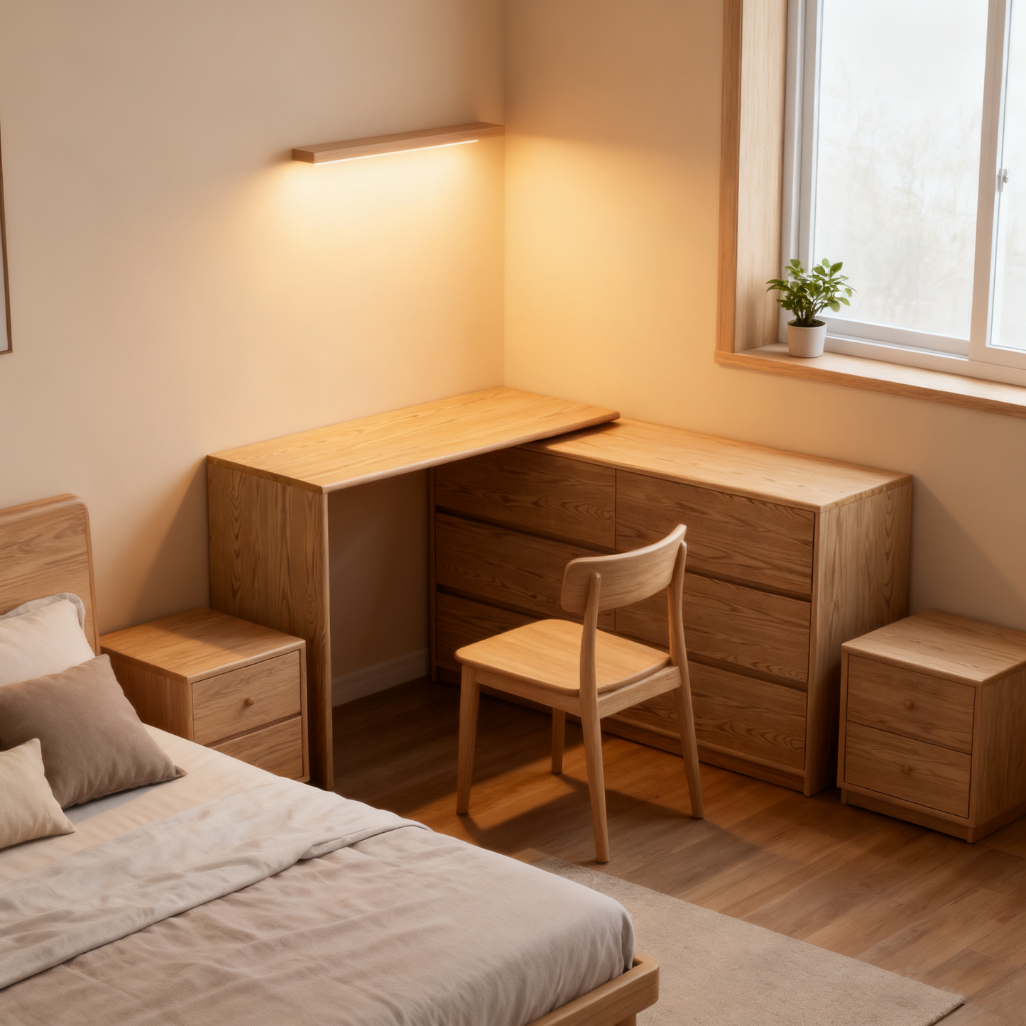 Modern Minimalist Solid Ash Wood Modular Desk With 6-Drawer Storage Cabinet For Home Office & Bedroom
