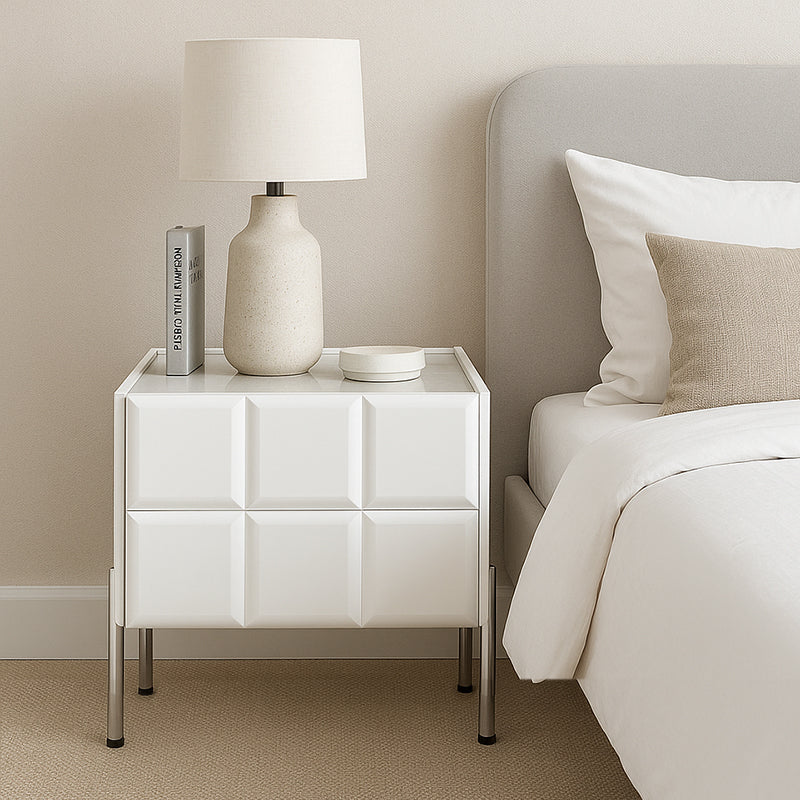 Modern Minimalist Rectangular Nightstand With Dual Drawers Slate Stone Top Plywood Body Stainless Steel Legs For Bedroom