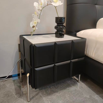 Modern Minimalist Rectangular Nightstand With Dual Drawers Slate Stone Top Plywood Body Stainless Steel Legs For Bedroom