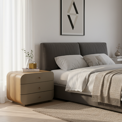 Modern Minimalist E1 MDF Frame Walnut Veneer Nightstand With 3 Drawers Soft Round Edge Bedside Table
